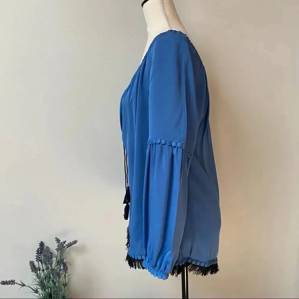 Tory Burch Sylvie 100% Silk Fringe Tunic Blouse Blue Navy Size 4